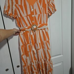 Luxology Orange and White Geometric Midi Dress